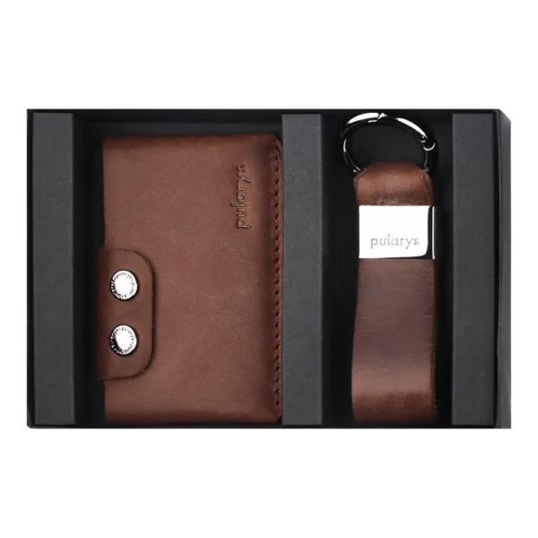 Σετ δώρου με δερμάτινο Card Holder και Μπρελόκ Pularys - Καφέ