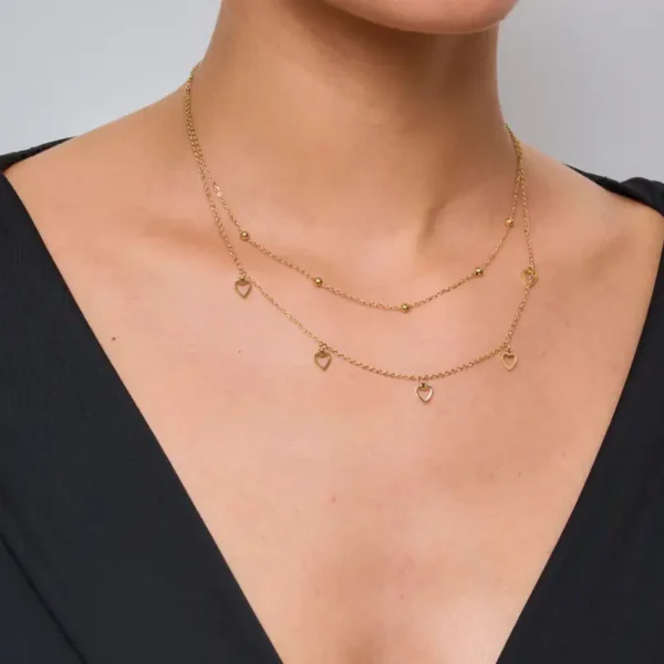 Μενταγιόν Από Ανοξείδωτο Ατσάλι με Διπλή Αλυσίδα και Καρδιές - Gold