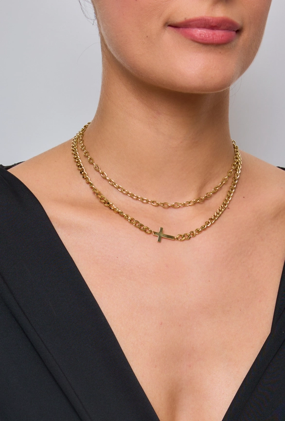 Μενταγιόν Από Ανοξείδωτο Ατσάλι με Διπλή Αλυσίδα και Σταυρό - Gold