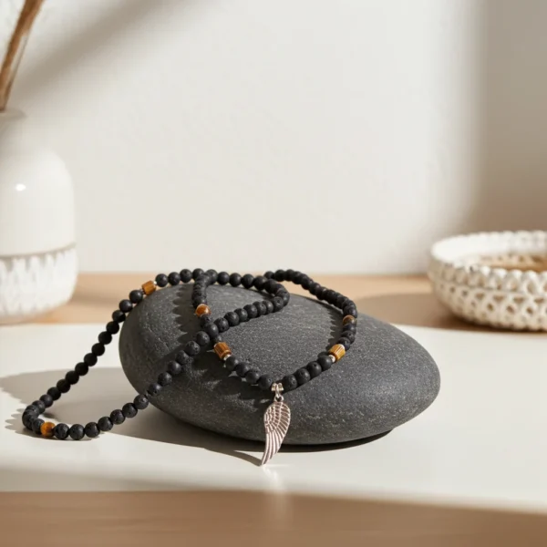 Μακρύ Ανδρικό Μενταγιόν με Φυσική Πέτρα και Φτερό