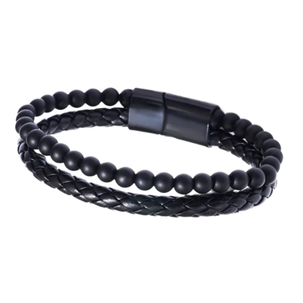 Ανδρικό Διπλό Βραχιόλι με Χάντρες και Πλέξιμο - Μαύρο