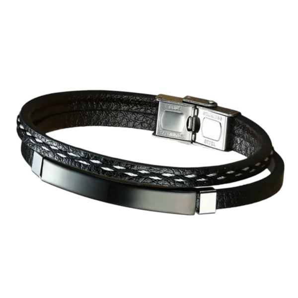 Ανδρικό Διπλό Βραχιόλι με Δερμάτινα και Ατσάλινα Στοιχεία - Μαύρο