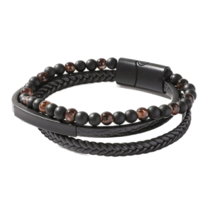 Ανδρικό Τριπλό Δερμάτινο Βραχιόλι Καφέ Χρώματος με Χάντρες και Ατσάλινο Κλείσιμο