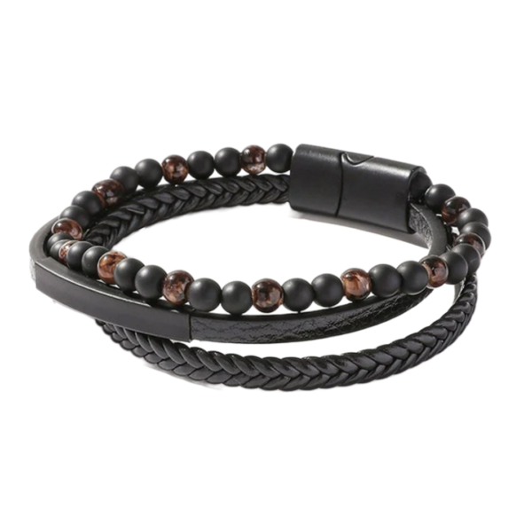 Ανδρικό Τριπλό Δερμάτινο Βραχιόλι Καφέ Χρώματος με Χάντρες και Ατσάλινο Κλείσιμο