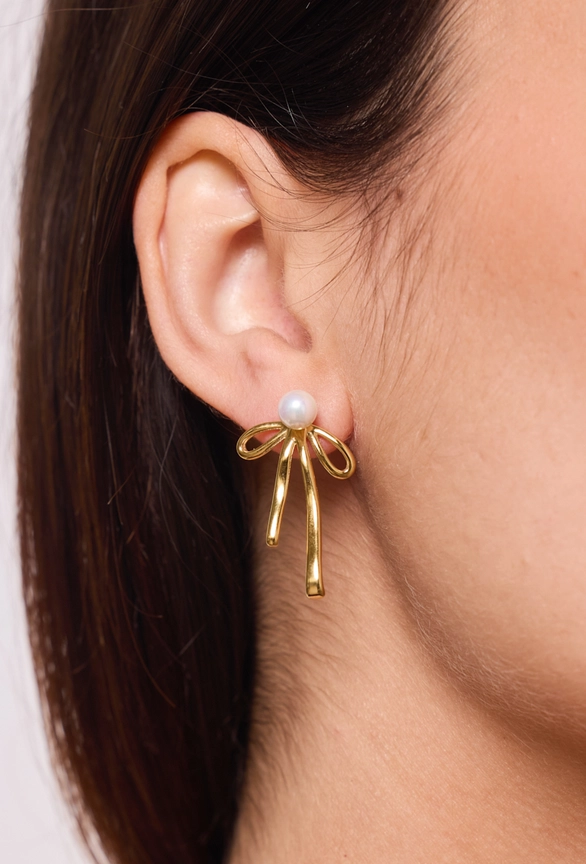 Σκουλαρίκια Από Ανοξείδωτο Ατσάλι Φιογκάκια με Πέρλα - Gold