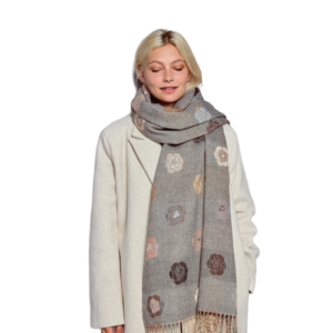 Γυναικείο Μακρύ Μάλλινο Κασκόλ Με Φλοράλ Μοτίβο - Γκρι