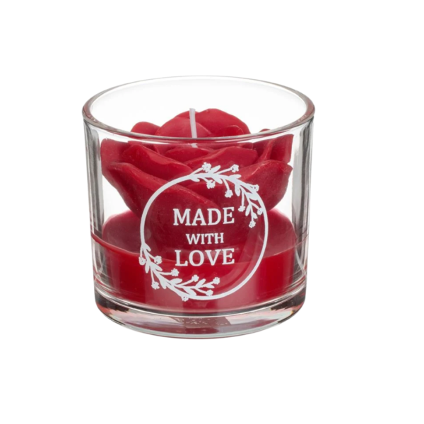 Κερί Κόκκινο Τριαντάφυλλο σε Ποτήρι με Μήνυμα "Made with Love"