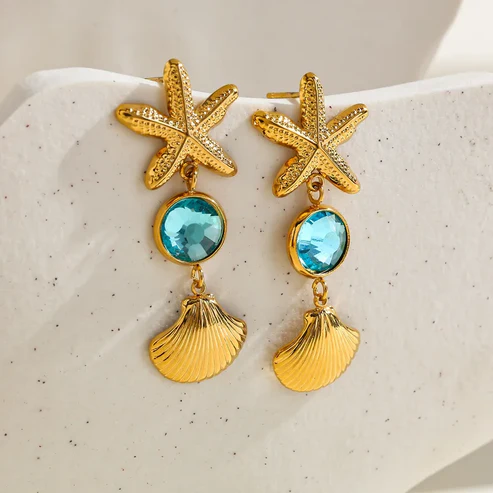 Σκουλαρίκια Από Ανοξείδωτο Ατσάλι Με Κοχύλια και Αστερίες - Gold