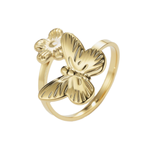 Δαχτυλίδι Από Ανοξείδωτο Ατσάλι με Πεταλούδα και Λουλούδι- Gold