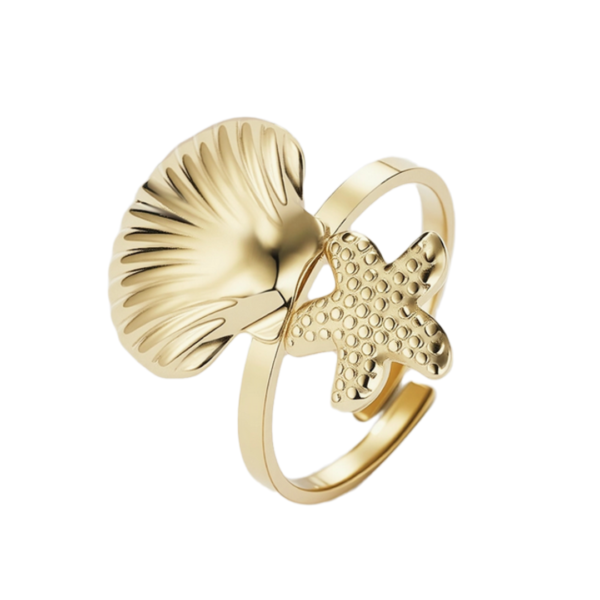 product_image Δαχτυλίδι Από Ανοξείδωτο Ατσάλι με Κόχυλι και Αστερία- Gold