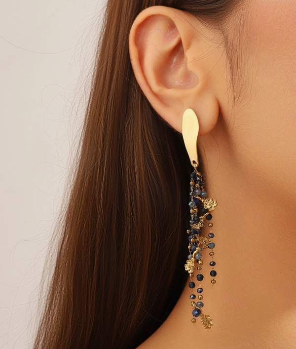 Κρεμαστά Σκουλαρίκια Από Ανοξείδωτο Ατσάλι Με Μαύρα Πετράδια - Gold